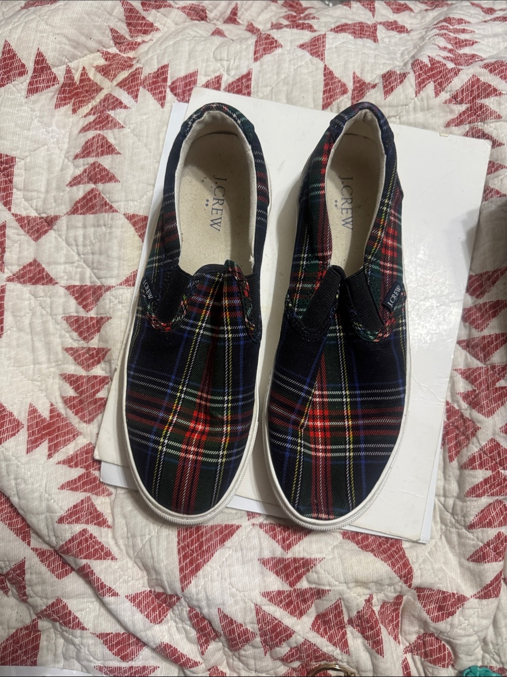 J. Crew  Plaid Slip-On Sneakers in Navy, Red, Green